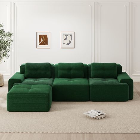Canapé en L nuage vert velours côtelé 3 places avec pouf, sans montage, modulaire pour salon (1/4)