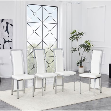 Chaise de salle à manger en métal et PU blanc et argent, lot de 4, dossier haut rembourré,44×42.7×109cm (1/5)