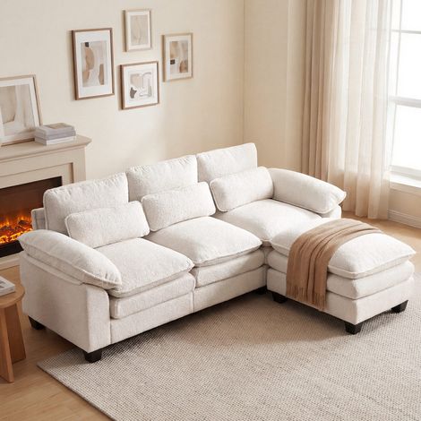 Canapé modulable beige Canapé d'angle réversible 226x76x88cm,coussins doubles, canapé en L avec pouf amovible, canapé en velours Teddy 3 places
