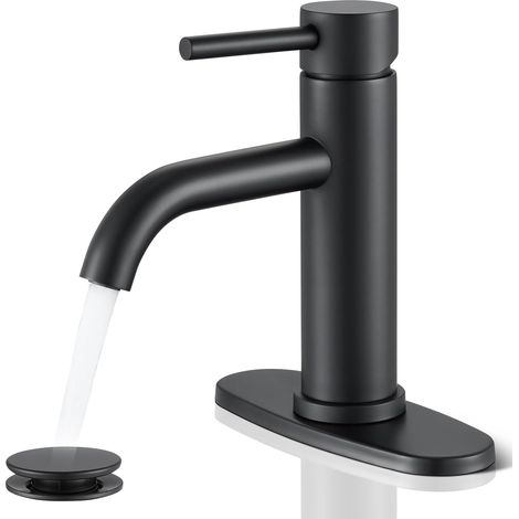 Schwarzer Badezimmer-Wasserhahn, Einlocharmatur mit federbelastetem Ablauf und flexiblem Schlauch