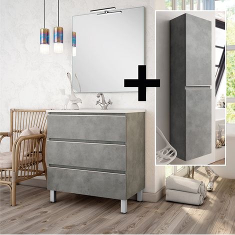 Ensemble meuble de salle de bain 80cm simple vasque + colonne de rangement - ciment (gris) - PALMA (1/5)