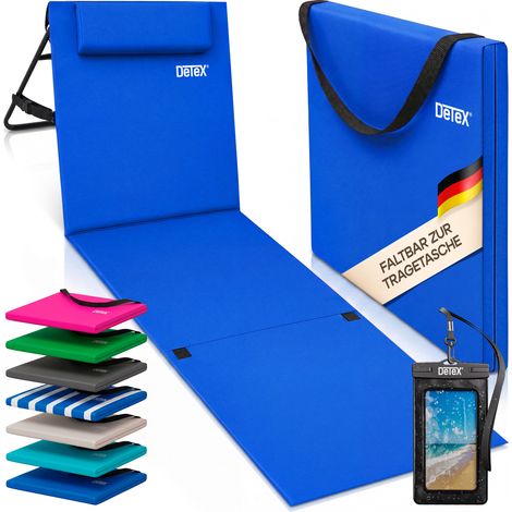 DETEX® Strandmatte mit Rückenlehne Gepolstert Blau Sonnenliege klappbar UV-beständig Tasche Reißverschluss Kissen Tragegurt Garten Camping Picknick Liegematte 158x56cm