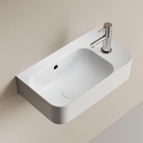EMKE Wandwaschbecken für Badezimmer 45 x 26.5 x 15.6 cm Hochweiß Rechteckiges Keramikbecken Hahnloch Rechtes (1/5)