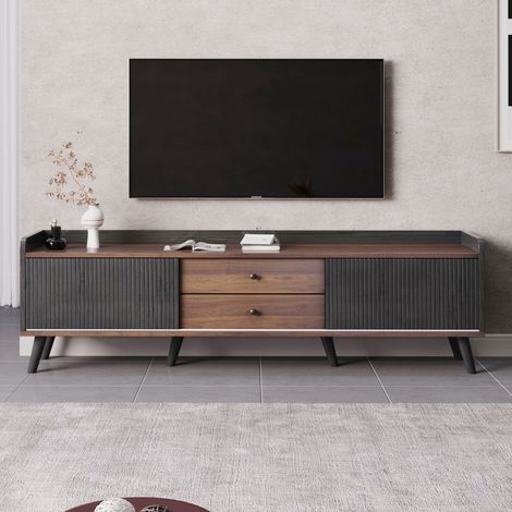 Meuble TV 160x40x58 cm – 2 tiroirs + 2 portes coulissantes, noir & bois naturel, finition raffinée