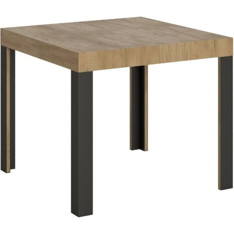 Petite table carrée 90/90 cm extensible 10 personnes 90 à 246 cm bois clair et pieds métal gris foncé Liva (1/5)
