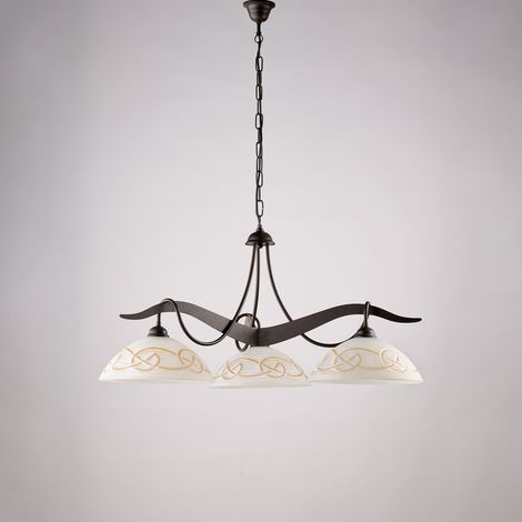 Lustre Bilbao Fer Noir, Déco Rouille, Diffuseurs Verre D.30 Blanc Et Ambre, 3 Lumières D.89 Cm, Style Rustique
