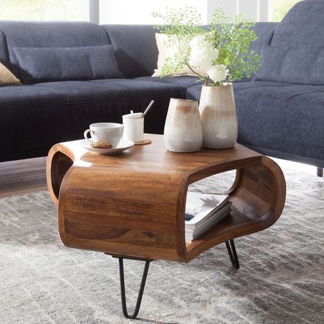 Table basse 55x55 cm en bois massif de Sheesham et métal noir mat – Design élégant – Livrée prête à monter – Poids 15 kg