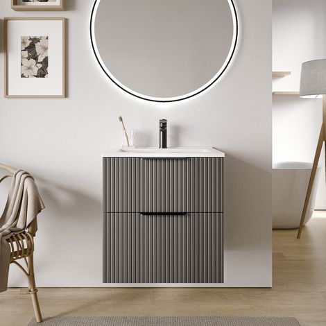 BERNSTEIN - Mobile lavabo da bagno antracite opaco rigato 60x46x62cm (LxPxA) 2 cassetti, maniglie cromate - TIM60	cromo, Profilato antracite opaco