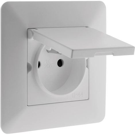 1 Prise de Courant Étanche IP44 2P+T 16A Blanc, Clapet à Ressort, Traitement Anti-UV, Intérieur Extérieur (1/5)