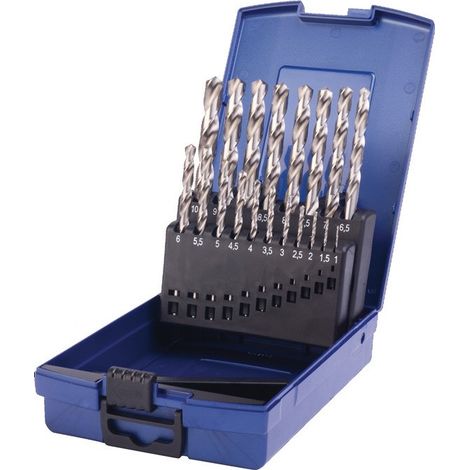 Set di punte elicoidali DIN 338 TypN D.1-10x0.5mm HSS 19 unità in valigetta di plastica.