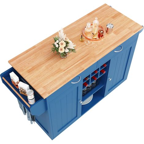 Îlot de cuisine moderne (102×45×92 cm), meuble de cuisine, buffet, chariot de service à motif bois, meuble buffet multifonction avec espace de rangement, bleu (1/5)