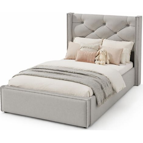 Cama canapé individual tapizada 90x200 cm gris claro con marco metálico y somier de lamas (1/5)