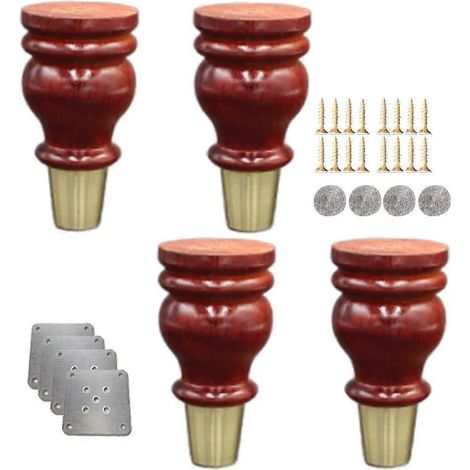 Quatre pieds de canapé en forme de gourde, pieds de meubles en bois massif, embouts en laiton, adaptés aux meubles TV, bureaux, meubles de cuisine, etc. Embouts remplaçables (couleur noyer, 15 cm/5,9  (1/5)