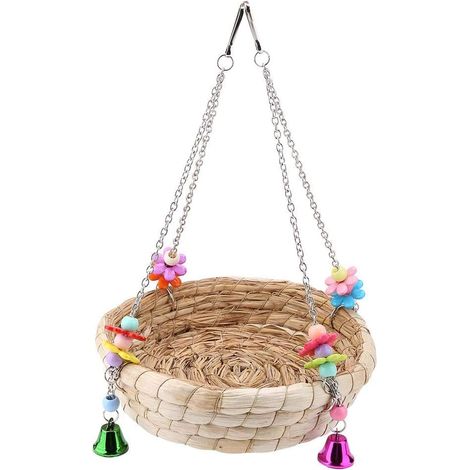 Strohnest-Spielzeug, Kakadu-Beißschaukel, Stehspielzeug mit 4 Metallglöckchen für Wellensittiche, Sittiche und Afrikanische Wellensittiche (1/5)