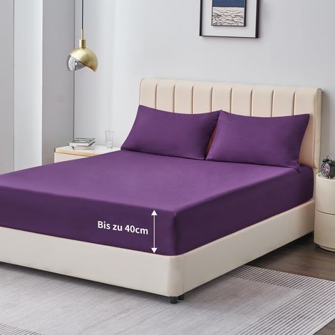 Drap Housse 160x200 Grand Bonnet 40 cm Drap Housse 2 Personnes 160 x 200 Grand Bonnet 40 cm Matelas en Microfibre avec Élastique Tout Autour, Violet