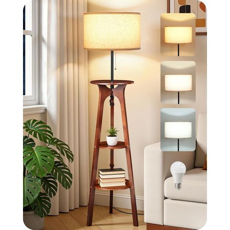Lampadaire Trépied en Bois avec Tablette, Lampe sur Pied avec 3 Étagères de Rangement, 3 Températures de Couleur, pour Salon, Chambre, Bureau, Beige et Noyer Naturel Foncé (1/5)