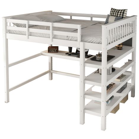 Lit mezzanine,140 x 200,lit mezzanine enfant avec rangements et bureau sous lit,sans matelas,blanc