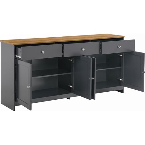 Aparador gris negro efecto madera, 4 puertas y 3 cajones, 160 cm (1/5)