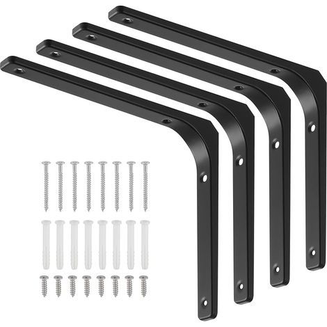4 Pièces Équerre Étagère de Fixation Noir, Supports D'étagère Murale, Équerre Murale en Forme de L avec Vis et Ancrages Assortis, Capacité de Charge Maximale de 70kg (250 x 300 mm)