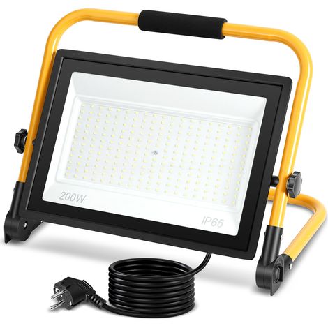Randaco Foco LED de obra 200W blanco frío 6500K IP66 lámpara de trabajo con soporte y cable 3m para jardín balcón exterior (1/5)