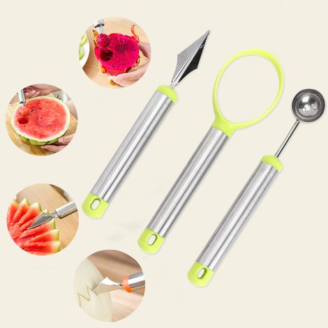 3-teiliges Multifunktions-Fruchtschnitzgerät, Wassermelonenausstecher, Melonenentferner, Fruchtfleisch- und Kernentferner (3-teiliges Set, Grün/Silber) (1/5)