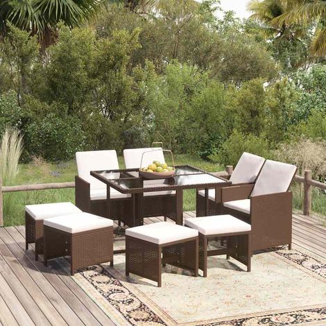 vidaXL Set de comedor jardín 9 pzas y cojines ratán sintético marrón (1/4)