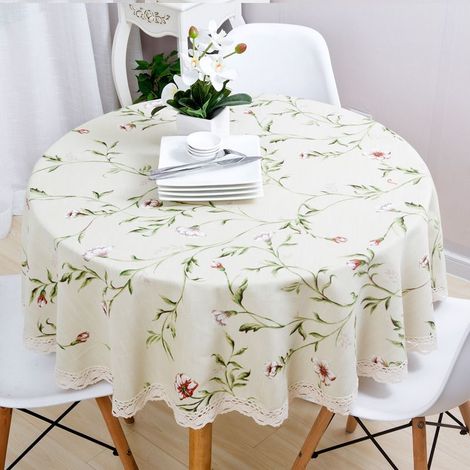 Nappe Table Ronde 100cm Nappe Abricot à Fleurs De Jardin en Coton Et Lin RéSistant Aux Taches Lavable RéUtilisable,(DentelleBord) (1/5)