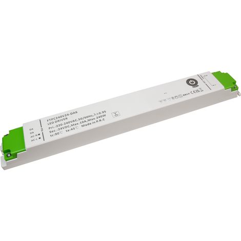 FTPC240V24-DA6: Controlador LED para punto de venta, 24 V/10 A, CV DALI tipo 6, atenuación por pulsación, carcasa de plástico.