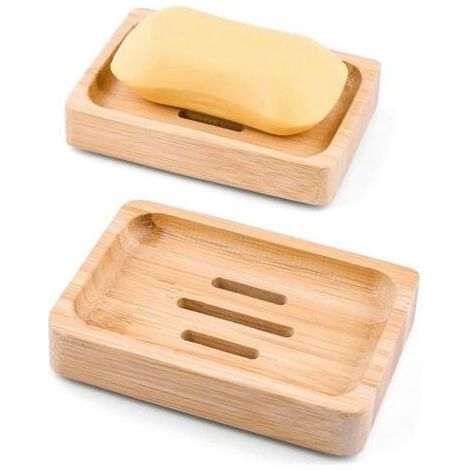 Lot de 2 porte-savon en bois de bambou naturel porte-savon pour cuisine salle de bain savon éponge (1/5)