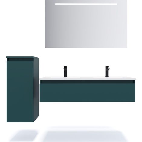 Meuble de salle de bain suspendu 2 vasques à poser 120cm 1 tiroir Bleu + miroir + colonne ouverture gauche - Hudson (1/5)
