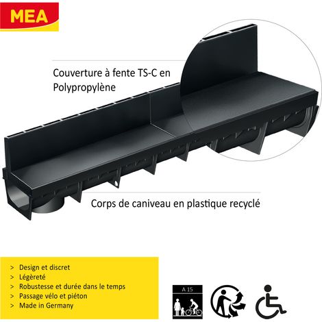 MEA – Pack de 6 caniveaux extérieurs A15 avec grille à fente en PP recyclé – Largeur utile 10cm – Drainage efficace pour terrasse et piscine