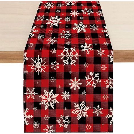 Chemin de table de Noël, 33 x 183 cm, motif flocon de neige à carreaux rouges, chemin de table en lin pour décorations de Noël d'hiver (1/4)