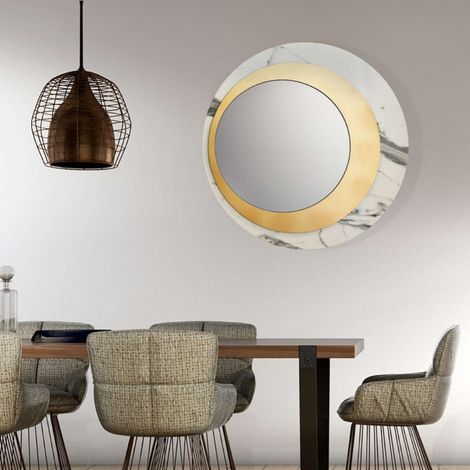 Specchio rotondo 80x80 cm in marmo laminato Bianco foglia oro - DAVID (1/2)