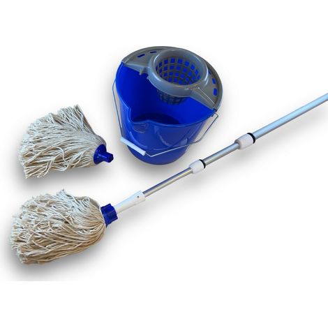 Balai à Franges Espagnol 2 Serpillières Seau 10L Manche 3,80m - Quantité x 1 - Ensemble balai espagnol télescopique