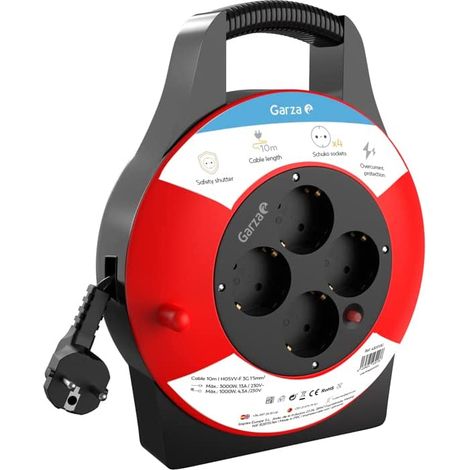 Garza Power - Alargador electrico enrollacables de 10 metros con asa. Prolongador electrico con 4 tomas Schuko. (1/5)