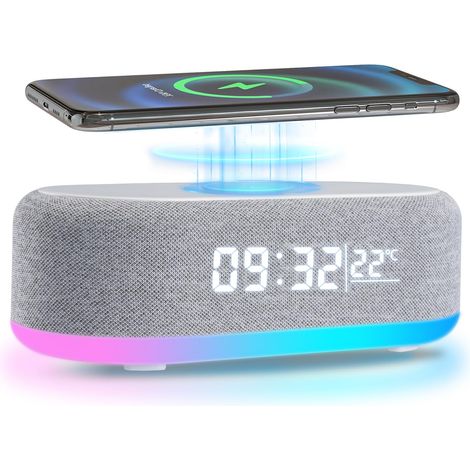 Réveil Numérique avec Chargeur sans Fil, Bluetooth Enceinte, Réveil Lumineux, Affichage Température et Horloge Digitale pour Table de Chevet