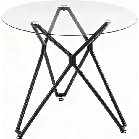 Mesa de comedor redonda de cristal templado 90 cm negra con patas de metal (1/5)
