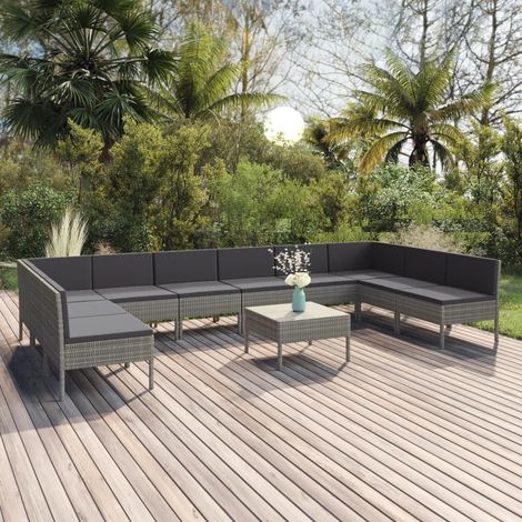 11 pcs Salon de jardin, Ensemble table et chaises de jardin, Meuble de jardin avec coussins Résine tressée Gris MKW973650 (1/5)