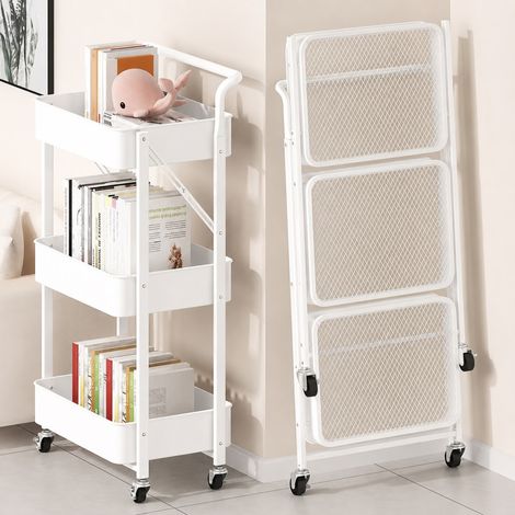 Desserte à roulettes pliante blanche Chariot de cuisine roulant et pliable 3 niveaux de rangement H 90 cm x L 40 cm x P 30 cm - Livraison gratuite (1/5)