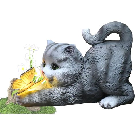 Solar Powered Cat Statue,Butterfly Solar Lights for Outdoor,Decorative Animal Figurine for Garden,Waterproof Resin Sculpture,LED Lighting,for Lawn,Terrace (Style 1) (1/5)