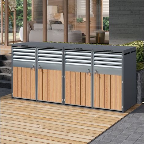 Armario para cubos de basura de jardín de acero galvanizado gris y efecto madera, 4 compartimentos, con tapa abatible y cierre (1/5)