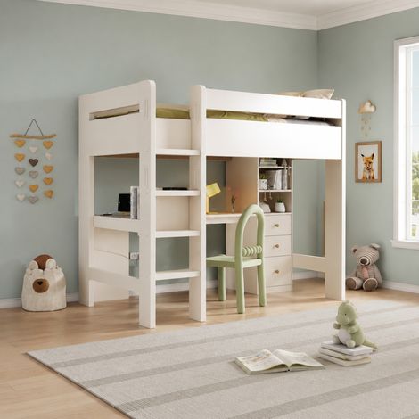 DESMIU Lit mezzanine 1 place avec bureau d'angle, 3 étagères, 3 tiroirs, USB et Type-C 90 × 200 cm sans matelas (1/5)
