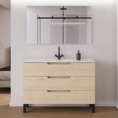 Meuble de salle de bain 120cm simple vasque - 3 tiroirs - roble calima (bois clair) - RIZA (1/5)