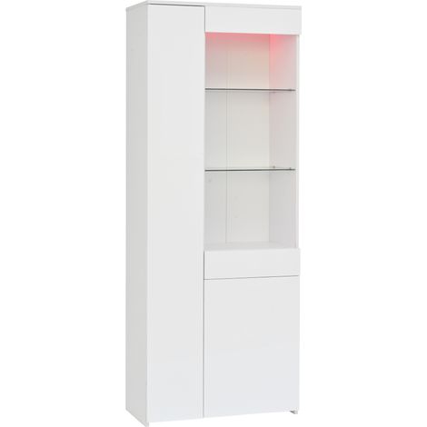 Vitrine haute blanche 70 x 35 x 180 cm avec LED, 2 portes, tiroir et étagères en verre trempé (1/5)
