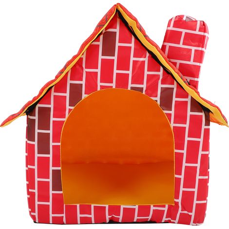 Maison pour animaux pliable avec cheminée en briques rouges, lit-tente amovible et lavable, rouge (1/5)