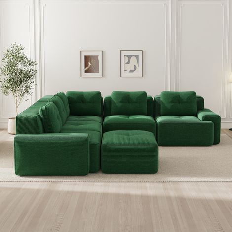 Canapé d'angle modulable sans châssis, velours côtelé vert, avec pouf, idéal salon ou bureau, assise profonde confortable, antidérapant, prêt à l'emploi, sans montage. (1/5)