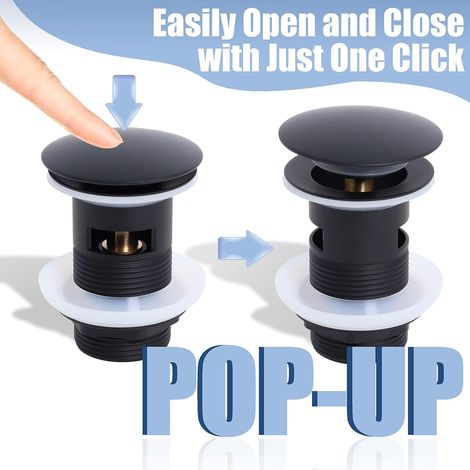 – Bonde de lavabo avec trop-plein 1 ¼' – Mécanisme pop-up – Laiton noir mat – Compatible tous lavabos standards (1/5)