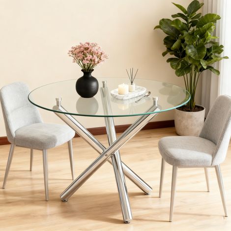 Table à manger ronde 80x80x76 cm, pour 2 à 4 personnes, moderne verre trempé et métal blanc - cylindrique, transparent (1/5)