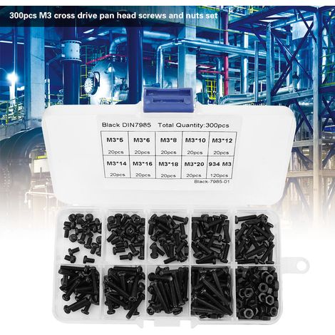 Kit d'assortiment de 300 vis, boulons et écrous à tête cylindrique cruciforme en acier au carbone noir M3