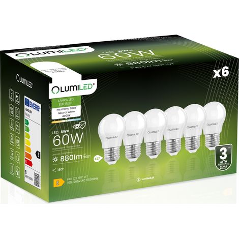 6x LED-Lampe E27 Kugel P45 8W = 60W 880lm 4000K Neutral 180° LUMILED